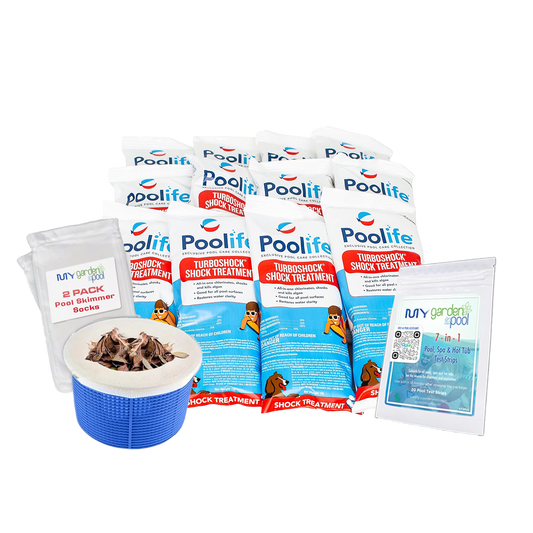 Poolife TurboShock Treatment 1lb x 12 – Powerful Pool Shock Bundle – Crystal Clear Water – Includes 2 Scum Socks and 7-in-1 Test Strips