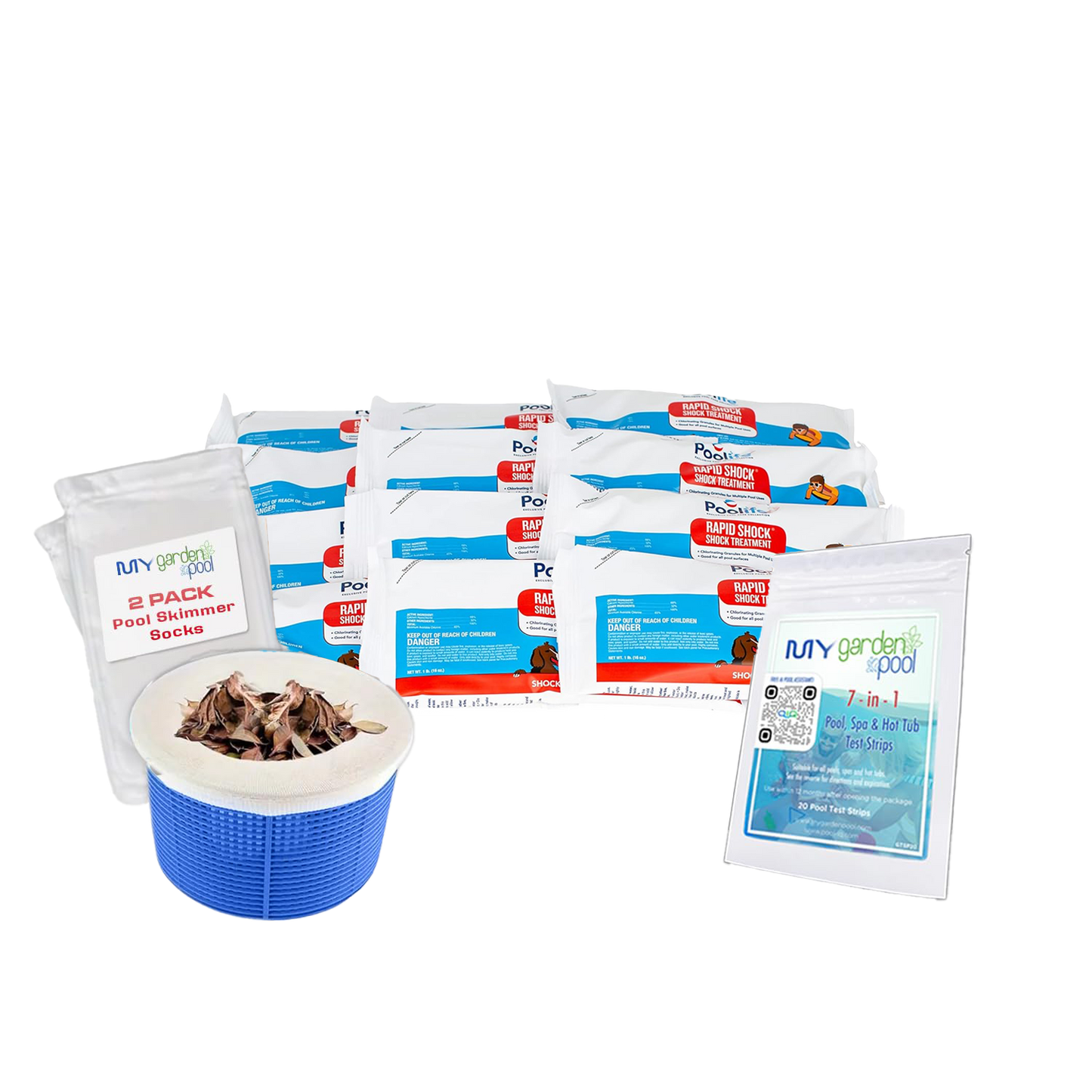 Poolife Rapid Shock 1lb x 12 Pack – Powerful Weekly Pool Shock – Fast Dissolving Granules – Includes 2 Scum Socks and 7-in-1 Test Strips