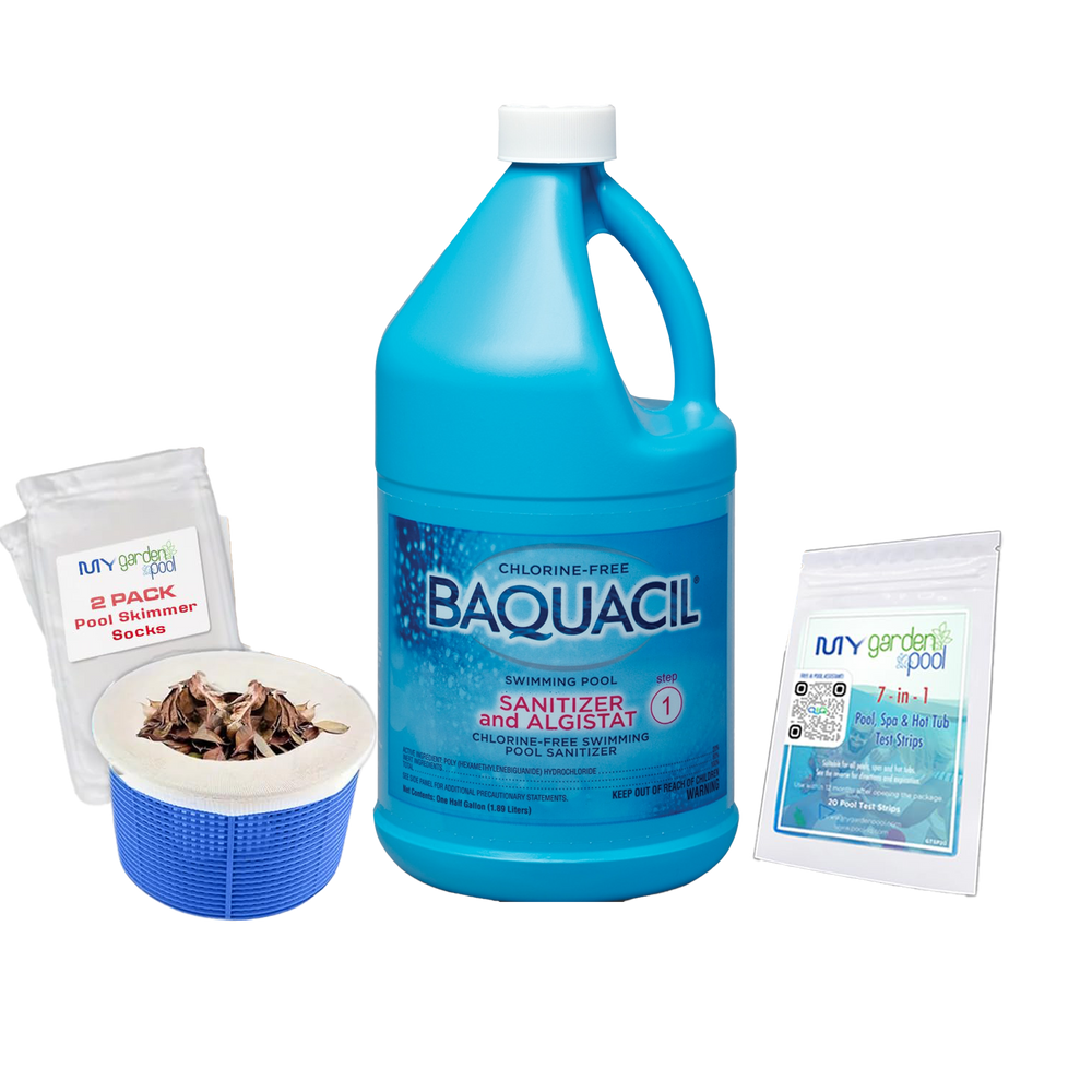 BAQUACIL Swimming Pool Sanitizer and Algistat 64 fl oz – Chlorine-Free Sanitizer with Algae Control – Gentle on Skin – Includes Scum Socks & Test Strips