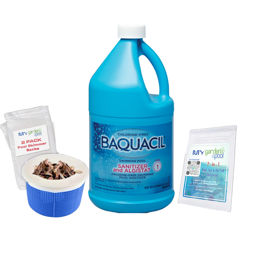 BAQUACIL Swimming Pool Sanitizer and Algistat 64 fl oz – Chlorine-Free Sanitizer with Algae Control – Gentle on Skin – Includes Scum Socks & Test Strips
