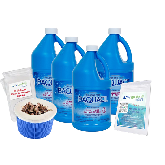 BAQUACIL Swimming Pool Sanitizer and Algistat – Case of 4 x 64 fl oz Bottles – Chlorine-Free Sanitizer System – Includes 4 Scum Socks & 4 Test Strip Kits