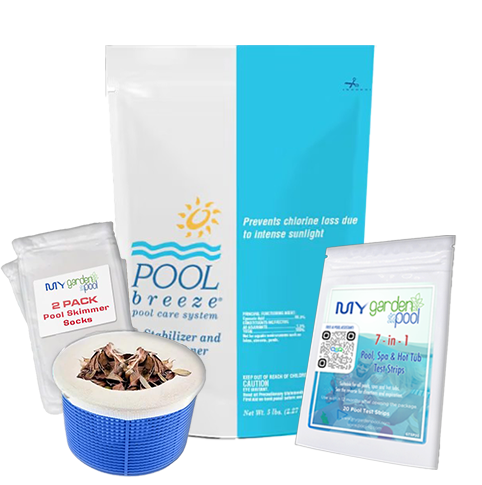 Pool Breeze Chlorine Stabilizer – 5 lb Bag – Protects Chlorine from Sunlight – Includes Scum Socks & Test Strips
