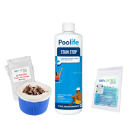 Poolife Stain Stop 32 fl oz – Protects Against Metal & Scale Stains – Ideal for Weekly Use – Includes Test Strips and 2 Scum Socks
