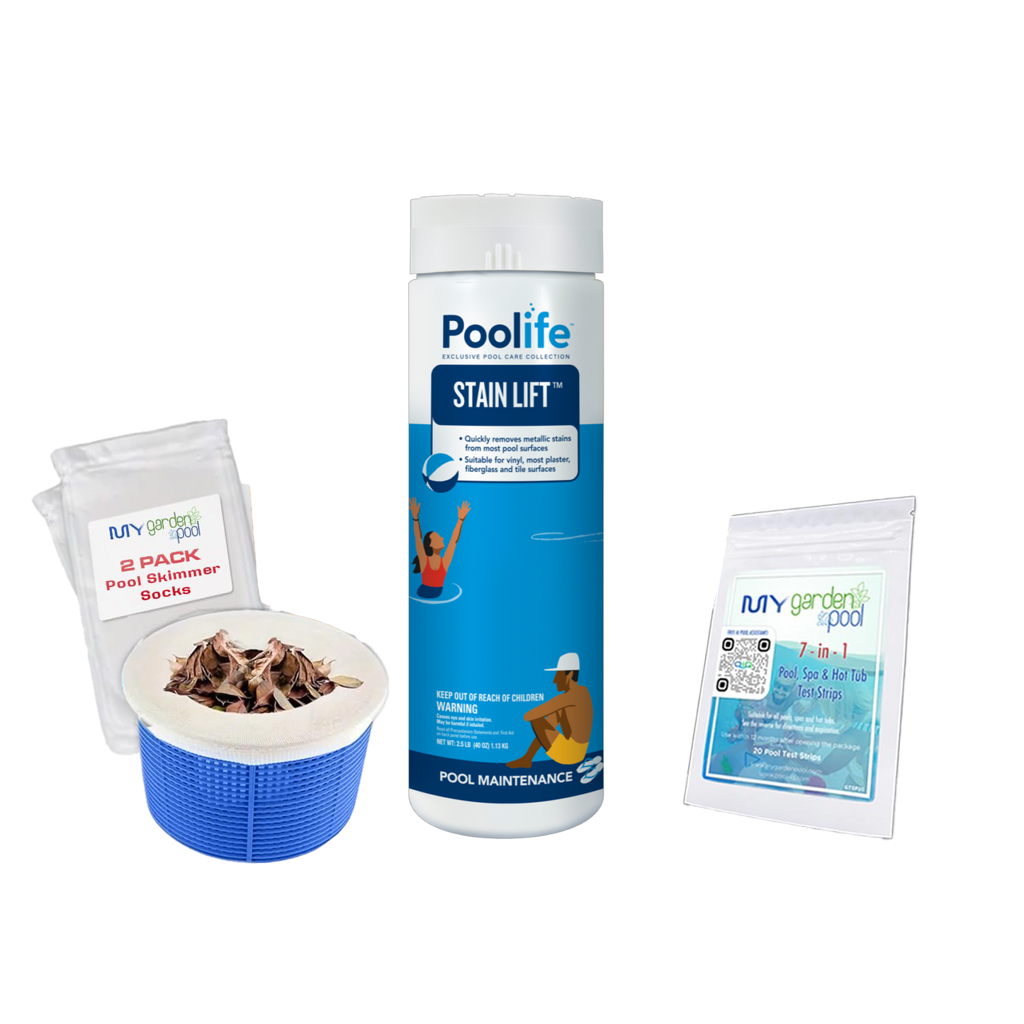 Poolife Stain Lift 2.5 lb – Powerful Stain Remover for Metals & Organics – Restores Pool Surfaces – Includes Test Strips and 2 Scum Socks