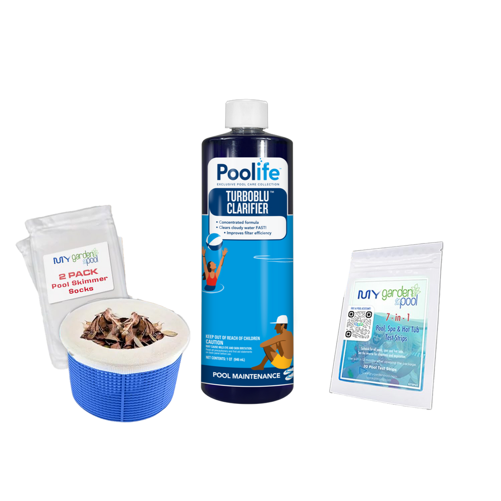 Poolife TurboBlu Clarifier 32 fl oz – Supercharged Pool Water Polisher – Eliminates Cloudy Water Fast – Includes 2 Scum Socks and 7-in-1 Test Strips