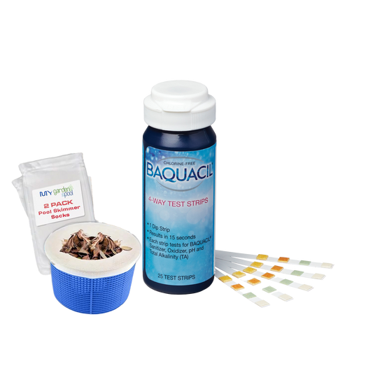 BAQUACIL 4-Way Test Strips – Easy Testing for Sanitizer, pH, Alkalinity & Hardness – Ideal for Chlorine-Free Pools – Bonus Scum Socks Included