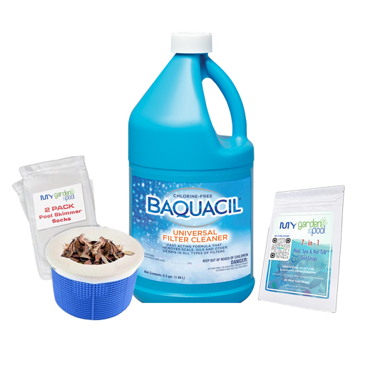 BAQUACIL Universal Filter Cleaner 64 fl oz – Deep Cleaning Solution for Sand, DE & Cartridge Filters – Restores Flow & Efficiency – Includes Test Strips & Scum Socks