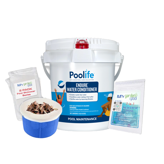 Poolife Endure Water Conditioner 10 lb – Enhances Water Feel & Clarity – Reduces Eye Irritation – Includes 2 Scum Socks and 7-in-1 Test Strips