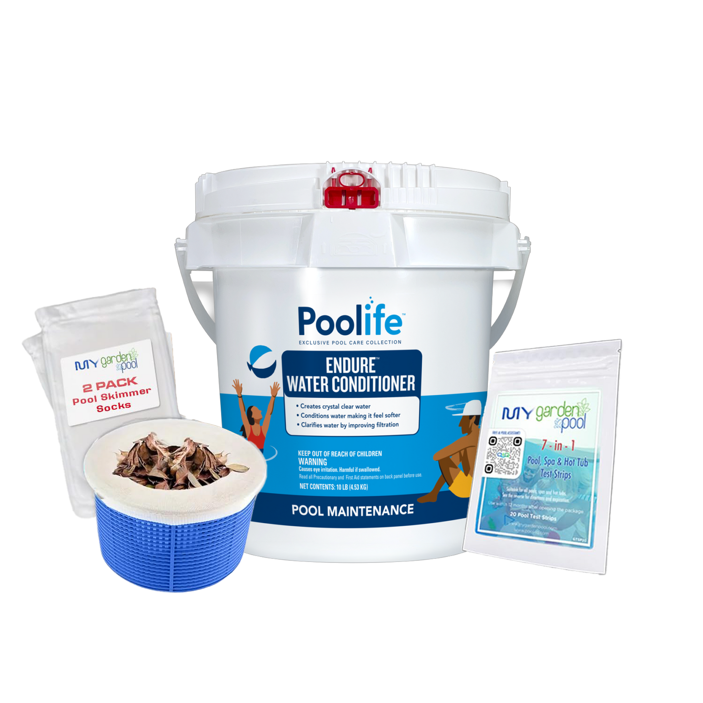 Poolife Endure Water Conditioner 45 lb – Improves Water Feel & Clarity – Reduces Irritation – Includes 2 Scum Socks and 7-in-1 Test Strips